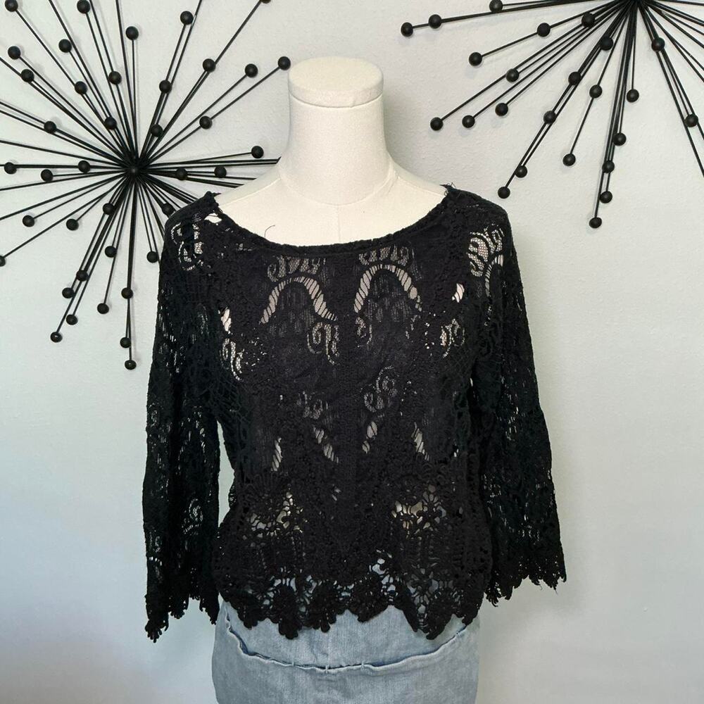 VO Jeans black lace sheer long sleeve top boho goth scallop hem